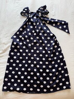 Anne Klein Navy and White Polka Dot Halter with Tie Neck
